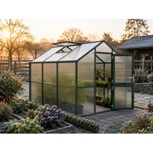 KGT Gewächshaus Tannengrün 7,53 m² im Garten mit Pflanzen, offener Tür und Dachfenster. Ideal für Kultivierung.