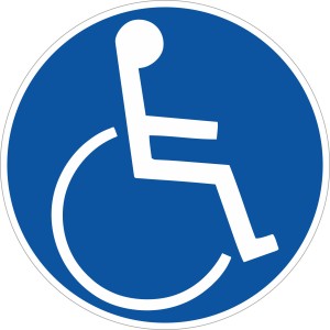 Blauer Aufkleber mit weißem Behindertensymbol, 6x6 cm, für Innen- und Außenbereich.