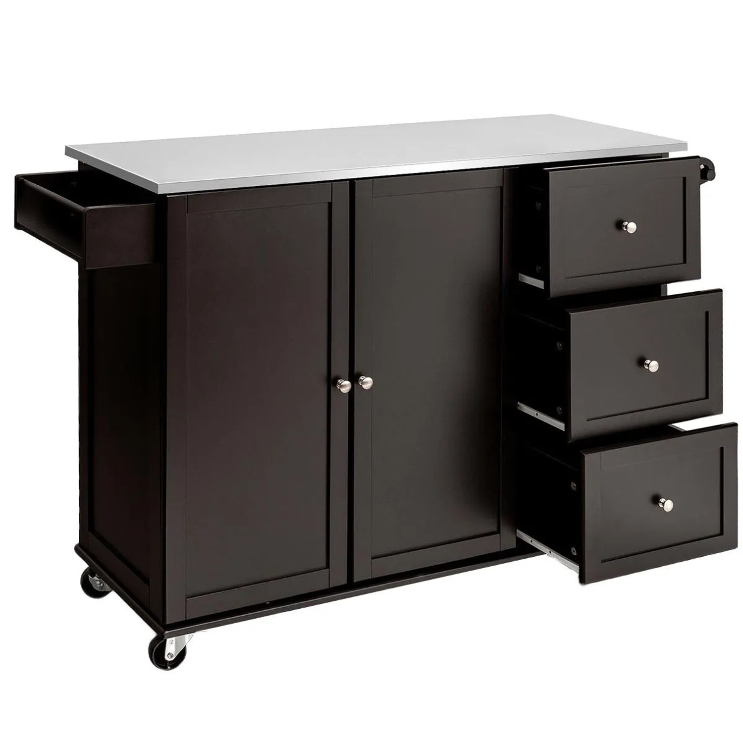 Costway Küchenwagen Edelstahlplatte 3 Schubladen Braun günstig online kaufen