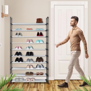 Weißes Relaxdays Schuhregal Stecksystem XXL aus Metall mit 10 Ablagen für ca. 50 Schuhe.