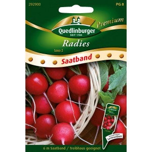 Quedlinburger Radieschen Saxa 2 Saatband: Verpackung mit roten Radieschen.