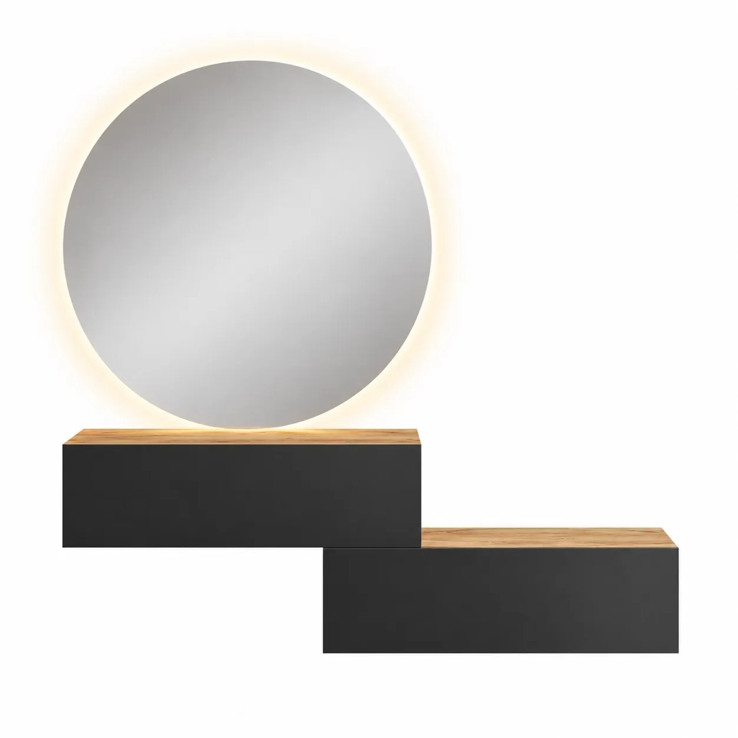 Planetmöbel NOVA Garderoben Set 2 x 100 cm Gold Eiche Anthrazit Hängend mit LED Spiegel Dimmbar Grifflos