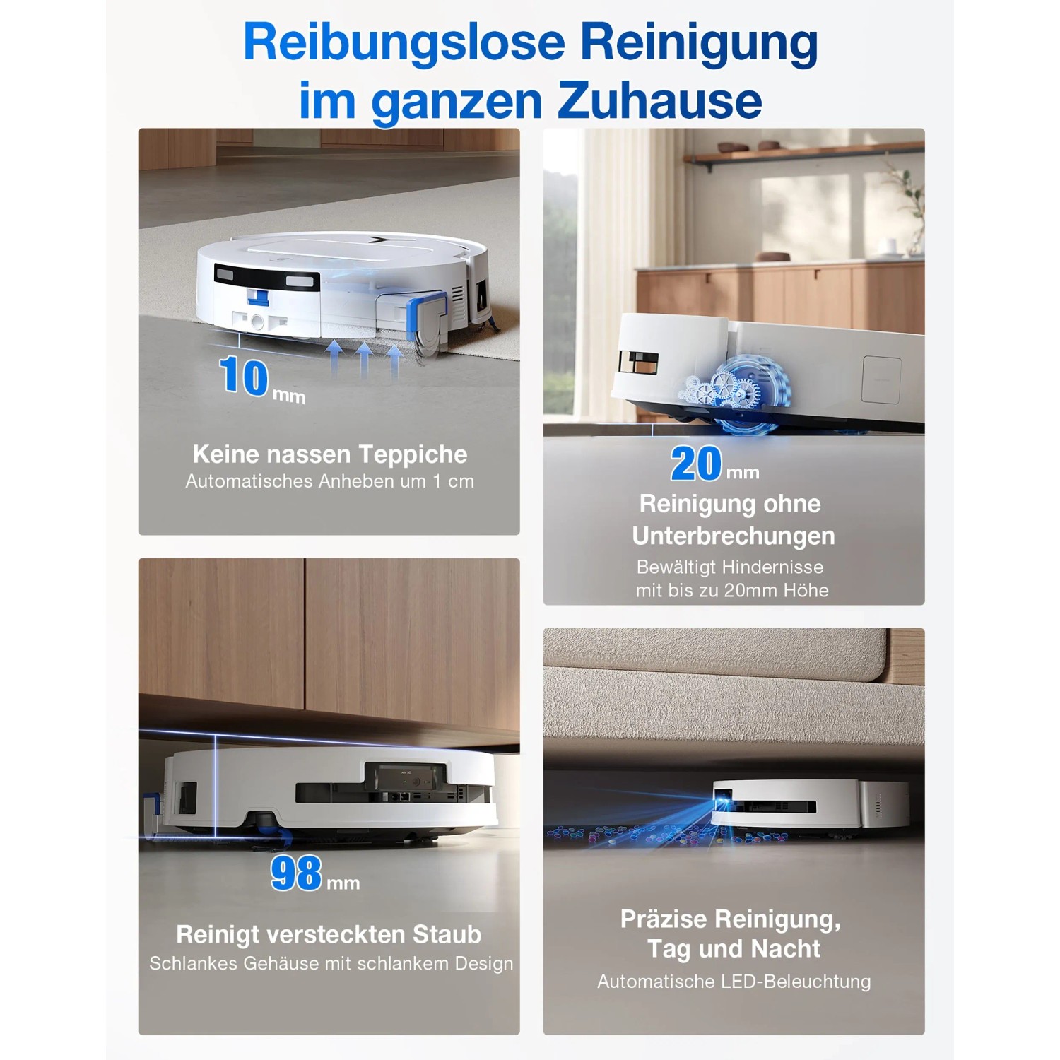 Ecovacs Deebot T80 Omni Saugroboter in Weiß, demonstriert verschiedene Reinigungsfunktionen.