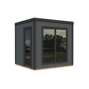 Moderne, grau-anthrazit lackierte Palmako Sauna Grace mit Fenster und Tür.