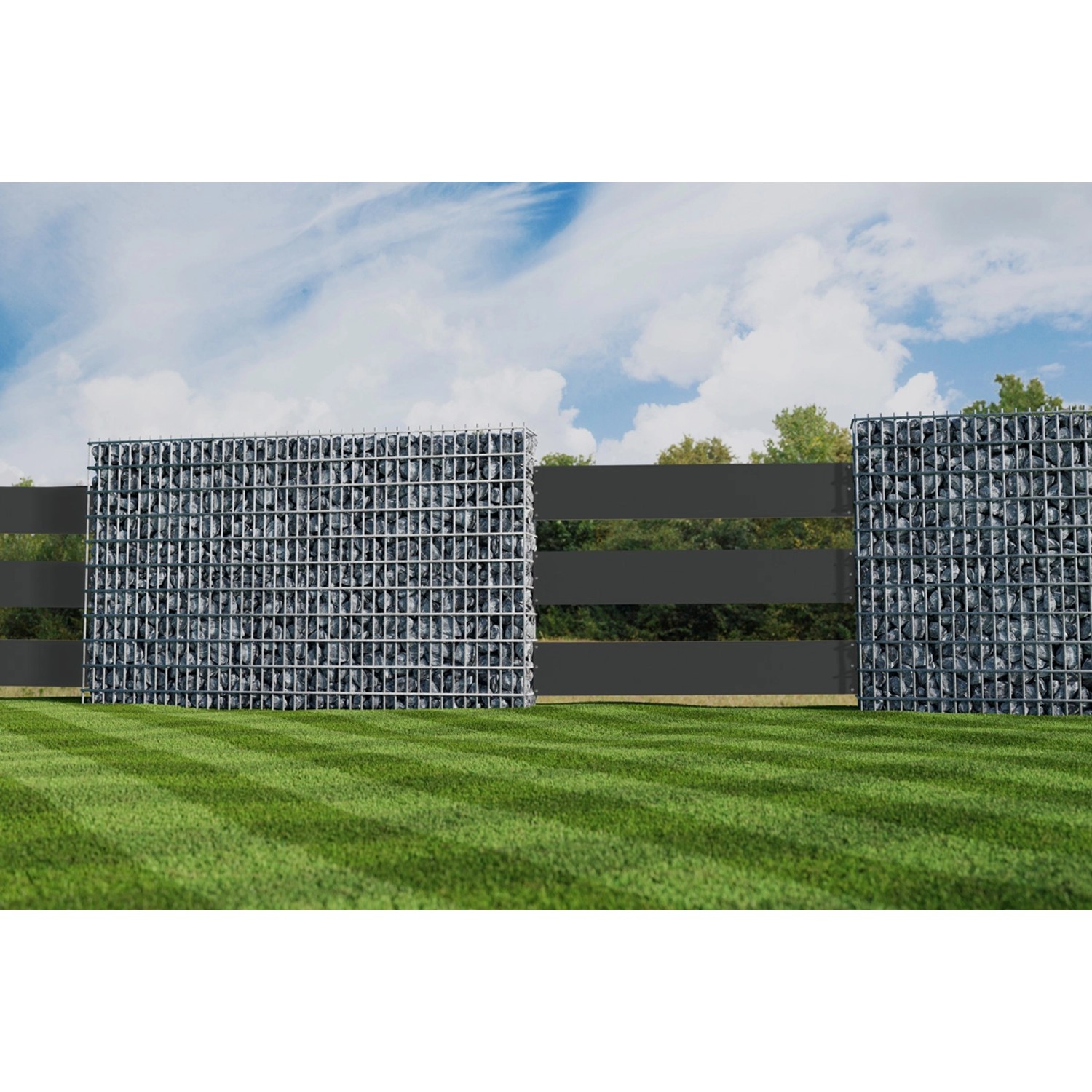 Anthrazit Kompaktplatte als Sichtschutz/Zaunelement mit Steinfüllung im Garten.