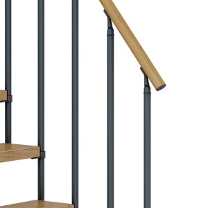 Detailansicht Dolle Mittelholmtreppe Dublin Eiche/Anthrazit mit Holzhandlauf und Metallgeländer.