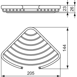Technische Zeichnung: Ideal Standard Connect Eck-Seifenkorb, Chrom, mit Maßangaben.