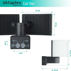 Oktaplex Cali Dos LED Außenstrahler mit 2 Leuchten und Maßangaben.