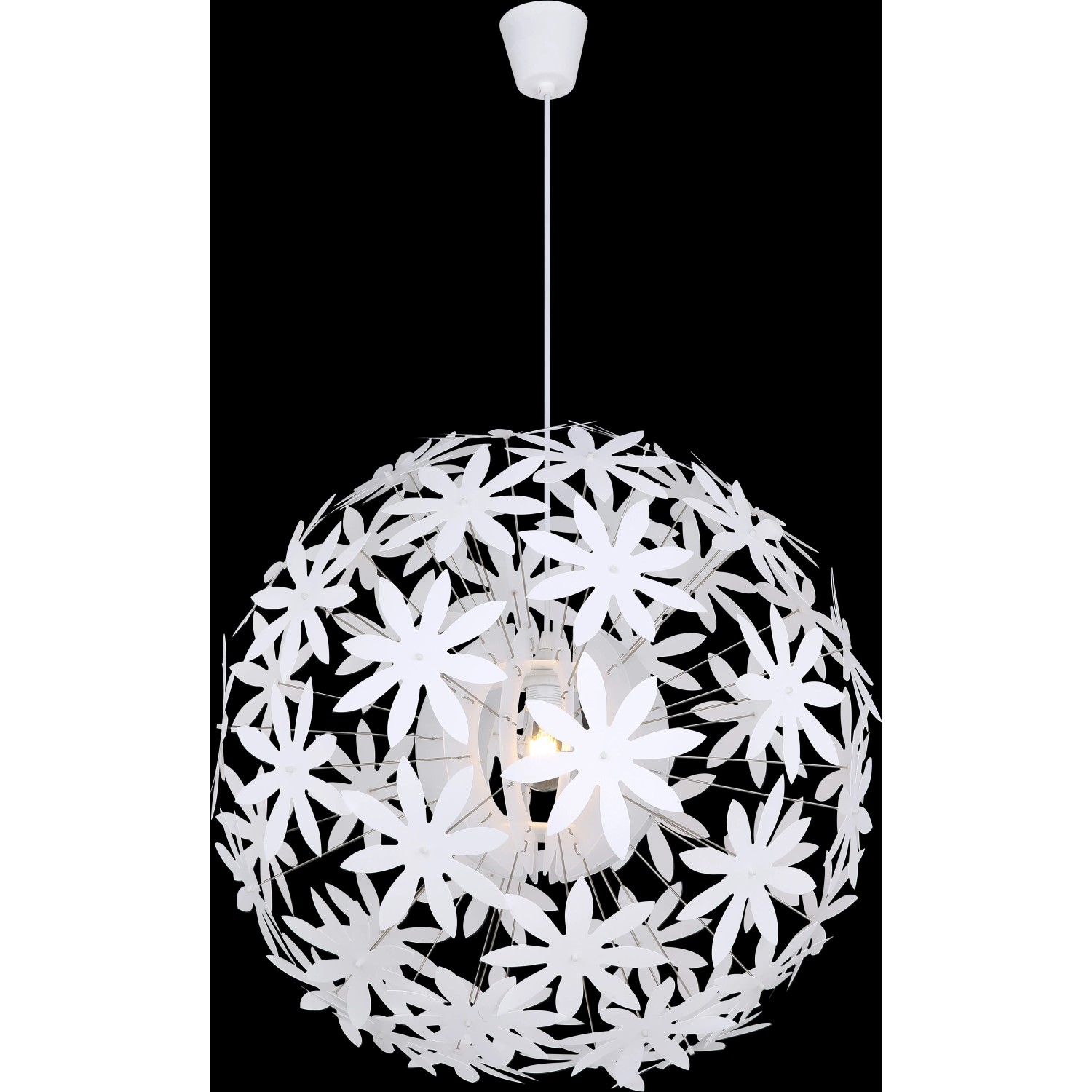 Weiße Globo Pendelleuchte Stella, kugelförmig aus Kunststoffblüten, Ø 60cm.