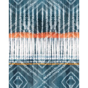 Komar Vliesfototapete Native mit blau-weißem Ethno-Muster und orangefarbenen Akzenten, 200x250 cm.