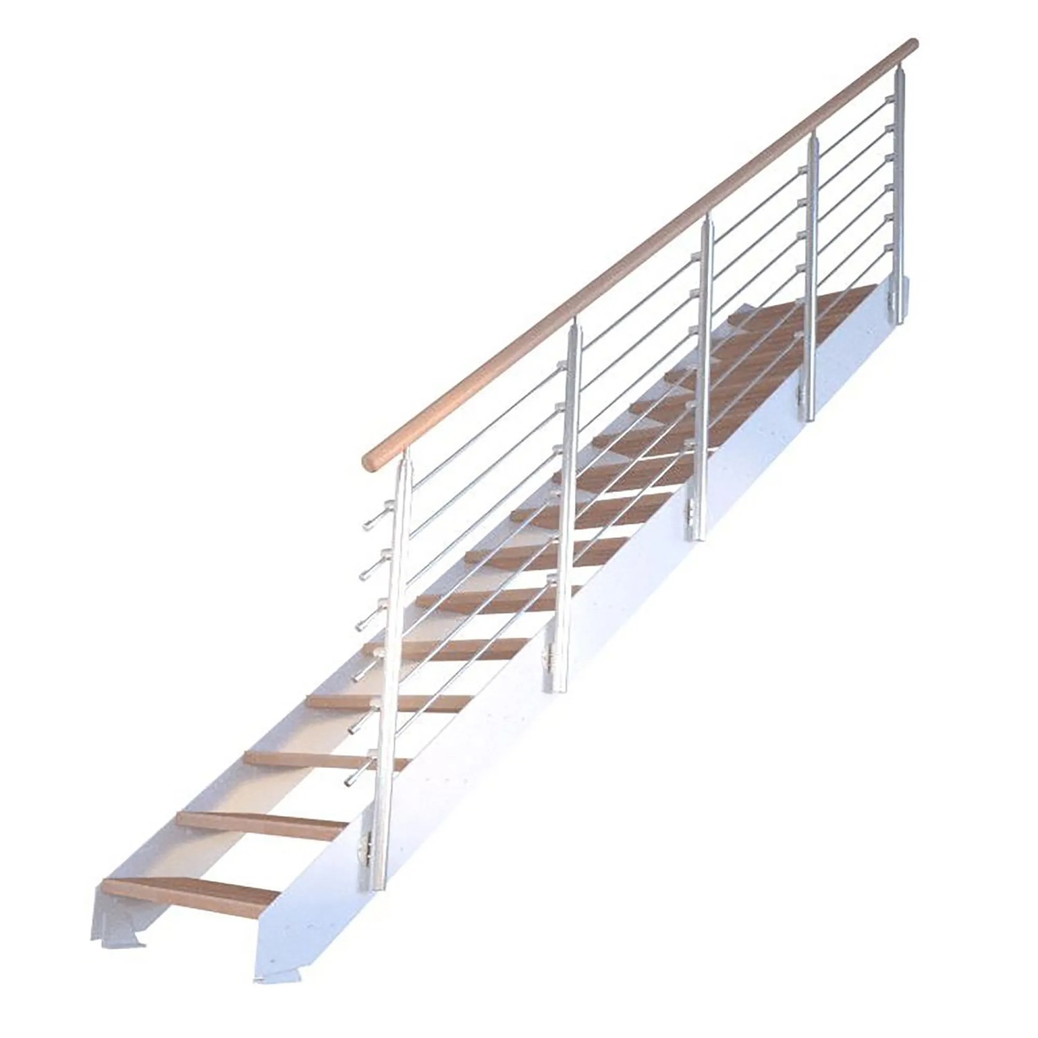 Treppe Kos mit 14 Buchenholzstufen, weißem Design-Geländer und Metallwangen. Ideal für Ihr Zuhause.