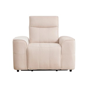 Beiger elektrischer Relaxsessel Scamoco aus Chenille-Stoff mit USB-Anschluss. Komfortabler Einzelsessel.
