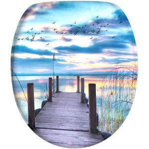 Sanilo WC-Sitz Sunset mit Absenkautomatik, Holz, Motiv: Seebrücke im Sonnenuntergang.