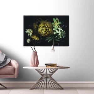 Wandbild mit Blumenstillleben im Ölgemälde-Stil, Rosen und Lilien, schwarz/grün