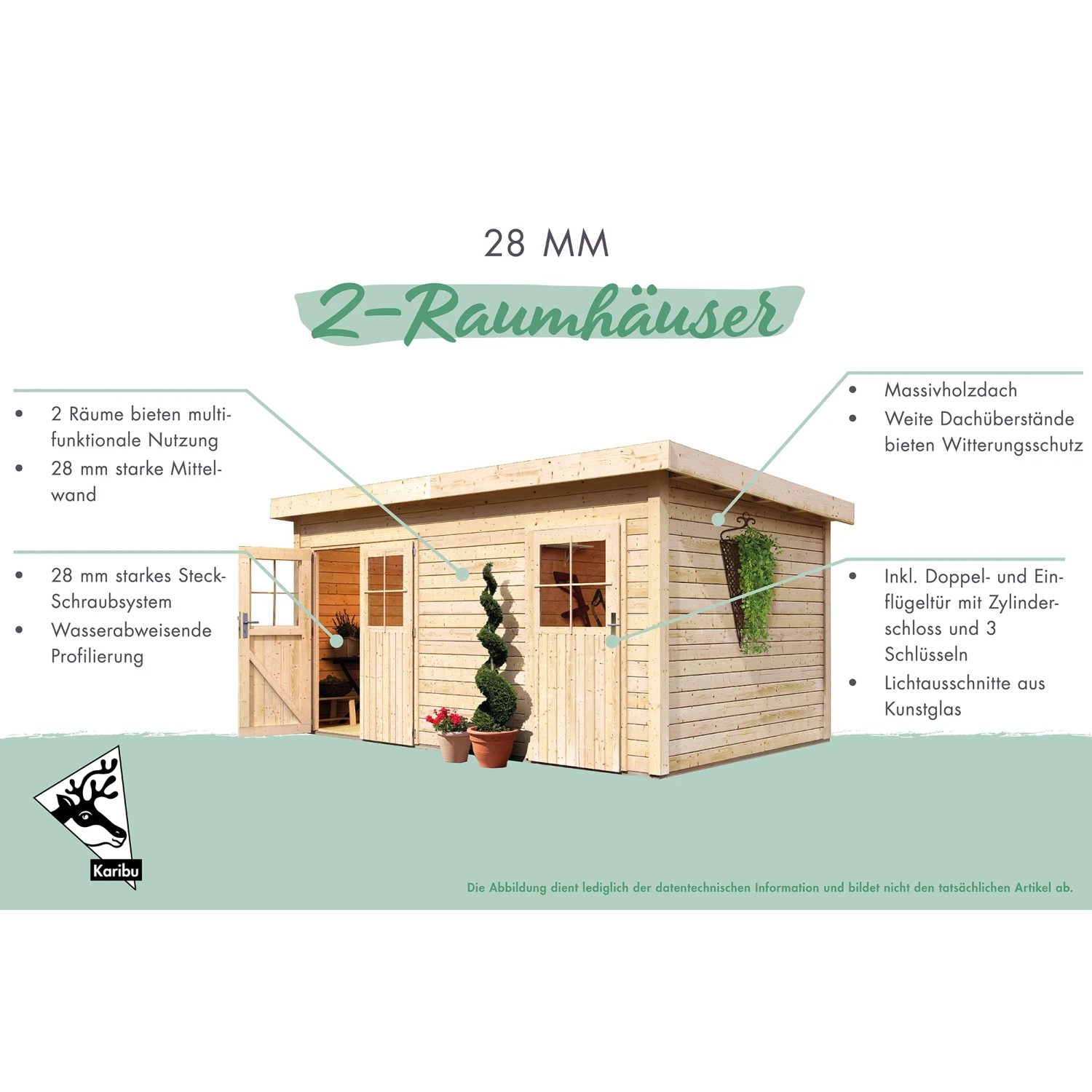 Karibu Gartenhaus Skanderborg mit 2 Räumen, 360x240 cm, aus Holz. Ideal als Gerätehaus.