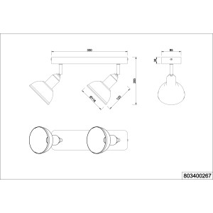 Technische Zeichnung: Trio Spot Delhi, 2-flammig, Nickel antik, E14, Maße und Ansichten.