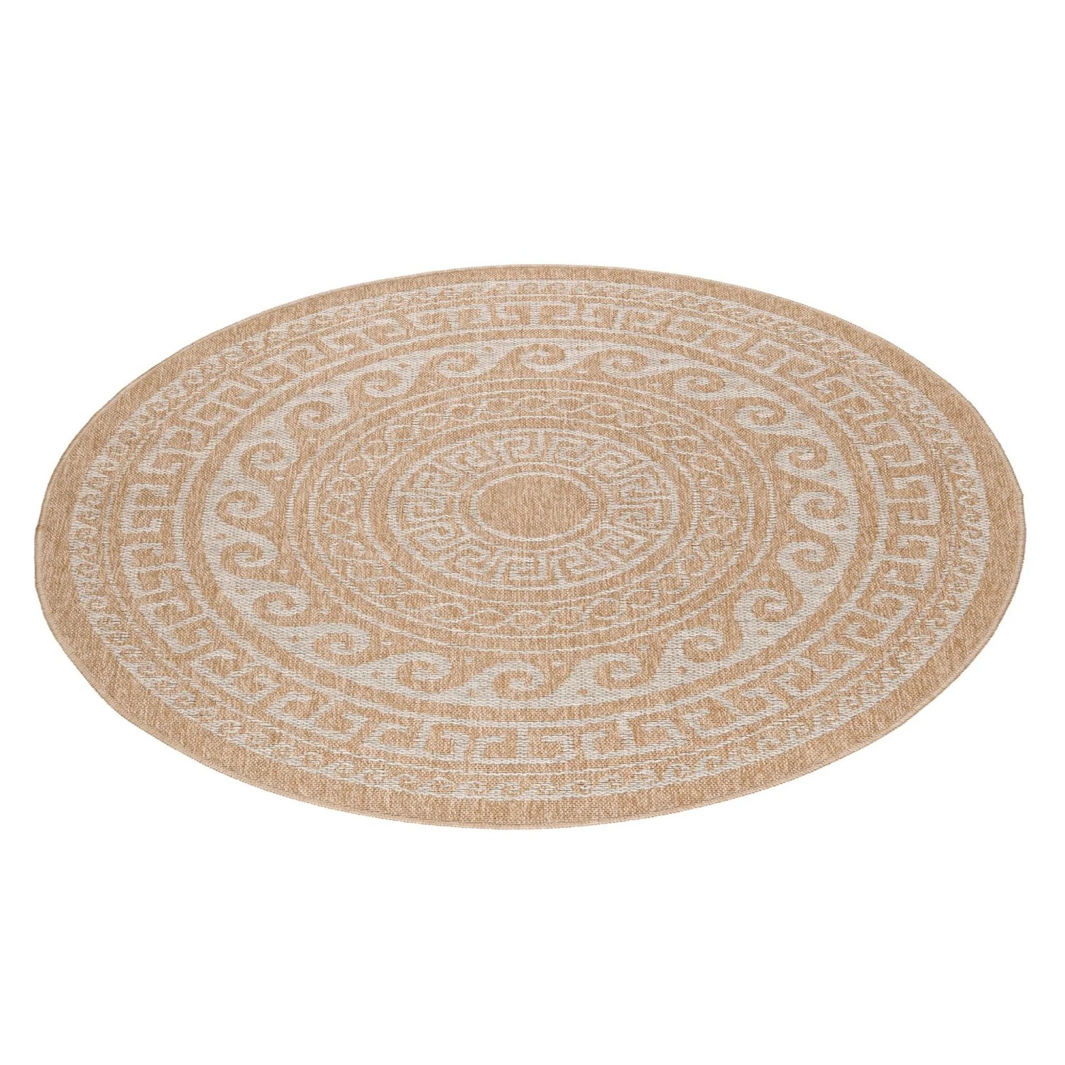 Beiger, runder Ayyildiz Outdoor-Teppich Comilla mit Vintage-Muster, 200x200 cm.
