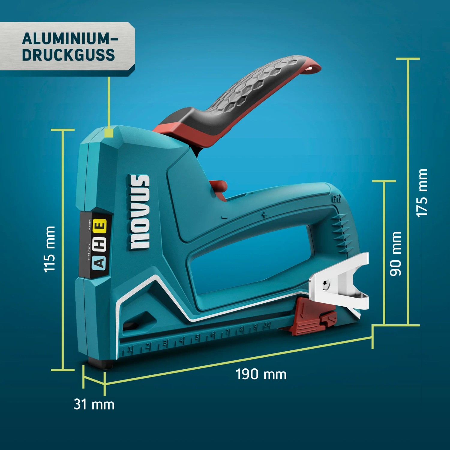 Novus J-50 Handtacker aus Aluminium, blau/schwarz, für Klammern & Nägel. Profi-Tacker mit Schlagkrafteinstellung.