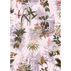 Komar Vlies Fototapete Tropicana, 200x280 cm, mit tropischem Pflanzen- und Vogelmuster.