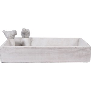 Weiße Dobar Vogeltränke Carré aus Zement mit zwei Deko-Vögeln am Rand.