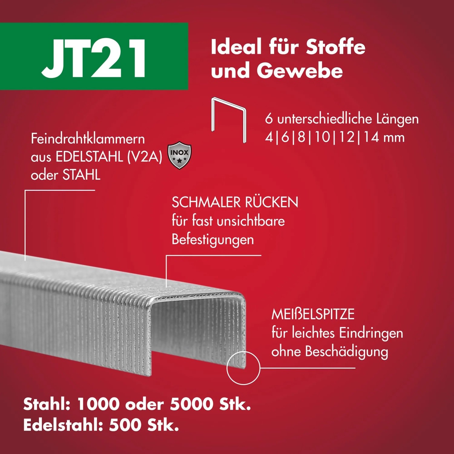 Arrow Klammern JT21 V2A, 10mm, 500 Stück, aus Edelstahl für Bastel- und Reparaturarbeiten.