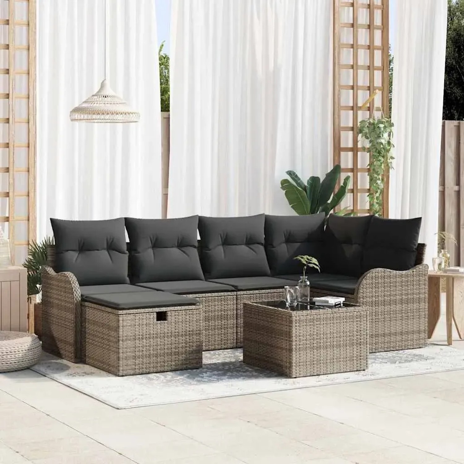 Graues 7-teiliges vidaXL Garten-Sofa-Set aus Poly Rattan mit Kissen und Stauraum.