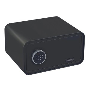 Schwarzer mySafe Elektronik-Möbeltresor mit Zahlencode-Tastenfeld.