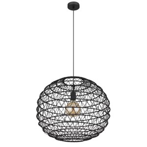 Schwarze Globo Hängeleuchte Senni, Ø 59 cm, mit filigranem Drahtgeflecht und warmweißem Leuchtmittel.