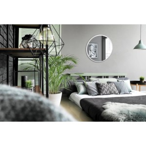 Runder Wallfluent Spiegel 80x80 cm mit weißem Rahmen im Schlafzimmer. Moderner skandinavischer Wandspiegel für Wohnzimmer, Flur.