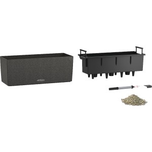 Lechuza Balconera Stone 50, graphitschwarzer Blumenkasten mit Bewässerungssystem und Zubehör.