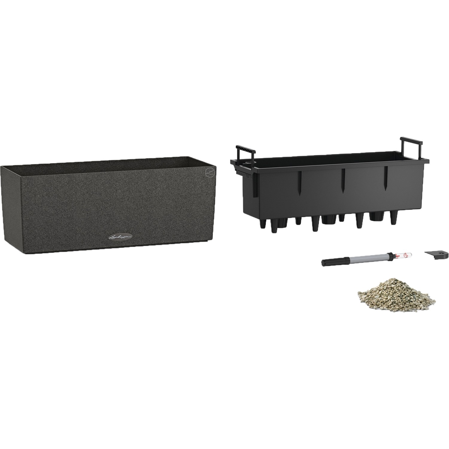 Lechuza Balconera Stone 50, graphitschwarzer Blumenkasten mit Bewässerungssystem und Zubehör.