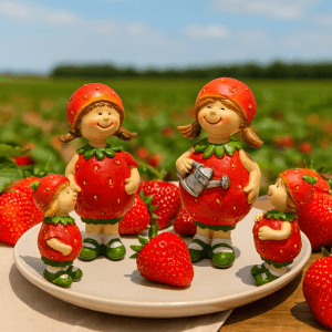 4er Set Dekohelden24 Erdbeerfiguren aus Keramik, rot. Gartenfiguren für sommerliche Deko.