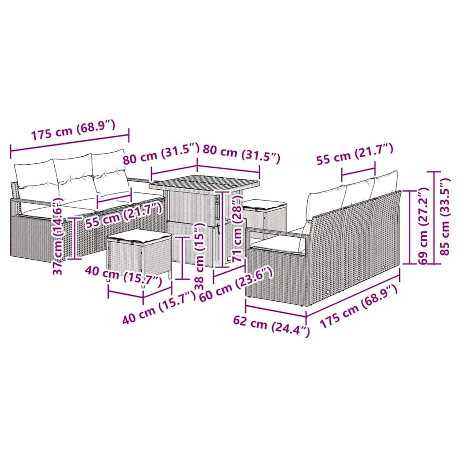 vidaXL Gartenmöbel Set, 9-teilig, beige Poly Rattan, mit Maßen. Ideal für Terrasse und Garten.