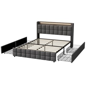 PXloue Bettgestell  Bett 160x200 mit  &4 Schubladen-USB Ladefunktion  und LED-Beleuchtung