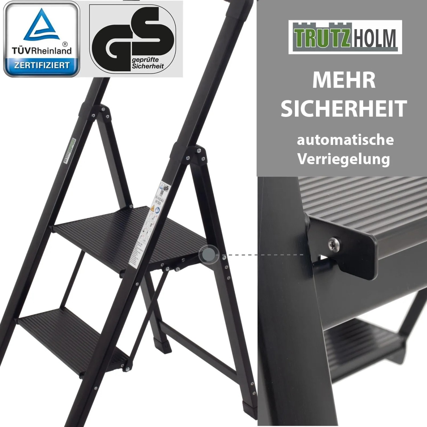 TRUTZHOLM Alu Trittleiter, 2 Stufen, klappbar, mit Handlauf, schwarz.