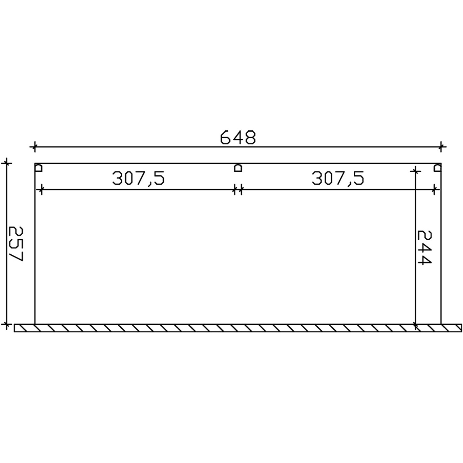 Technische Zeichnung der weißen Terrassenüberdachung Garda, 648x257 cm, aus Aluminium.