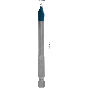 Bosch Expert Hard Keramikbohrer Hex-9, Ø 7 mm, Länge 90 mm. Fliesenbohrer mit blauem Kopf und Sechskantschaft.