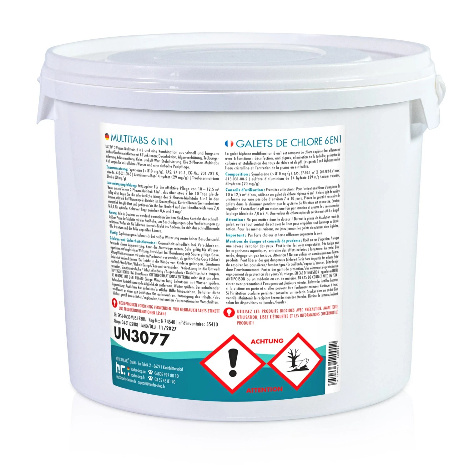 Eimer Bayzid 6in1 Multitabs 200g 2x5kg für die Poolreinigung. Weiße Verpackung mit Produktinformationen.