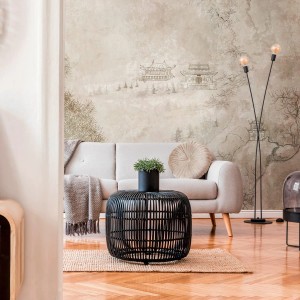 Fototapete Asiatisch beige-braun mit Landschaftsmotiv im Wohnzimmer.