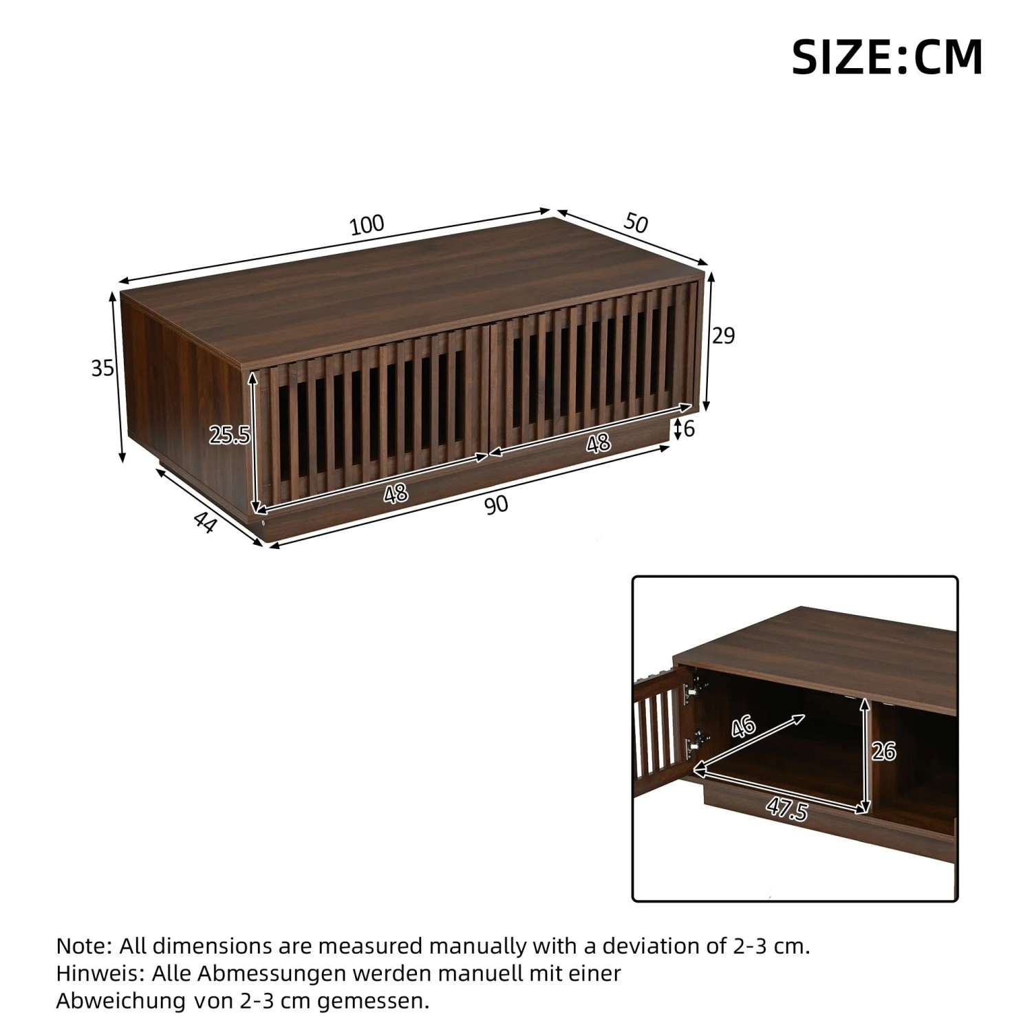 Walnussfarbener Couchtisch 100x50x35cm mit Gittertüren und Stauraum. Ideal für Wohnzimmer und Deko.