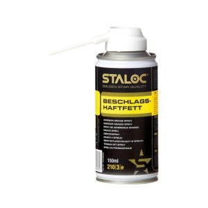 Staloc Beschlagsspray 150ml: silberne Spraydose mit gelb-schwarzem Etikett und weißer Düse. Hochleistungsschmierstoff für Beschläge.