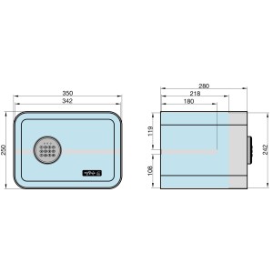 Abbildung des mySafe 350 Elektronik-Möbel-Tresors in Schwarz mit Maßangaben.