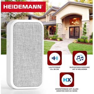 Heidemann Funkgong-Set HX Cloth Grau: Funkklingel mit Stoffbezug, 8 Melodien, bis 85 dB laut.