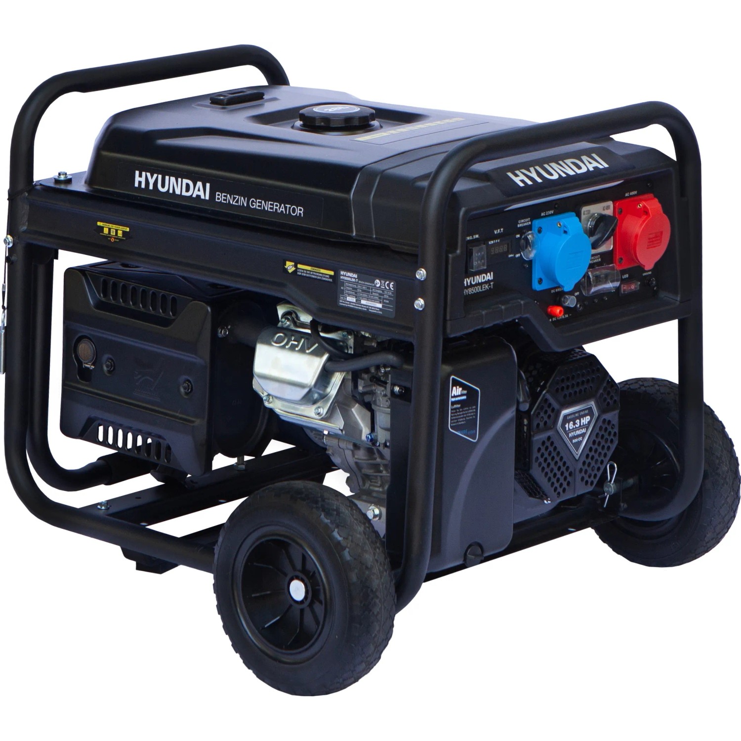 Mobiles Hyundai Notstromaggregat HY8500LEK-T mit 7,7 kW Leistung und robustem Stahlrahmen.