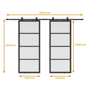inova Loft Glasschiebetür Satiniert 2050 x 2200 mm Komplettset aus Stahl in Schwarz inkl. 2Seitiger Softclose