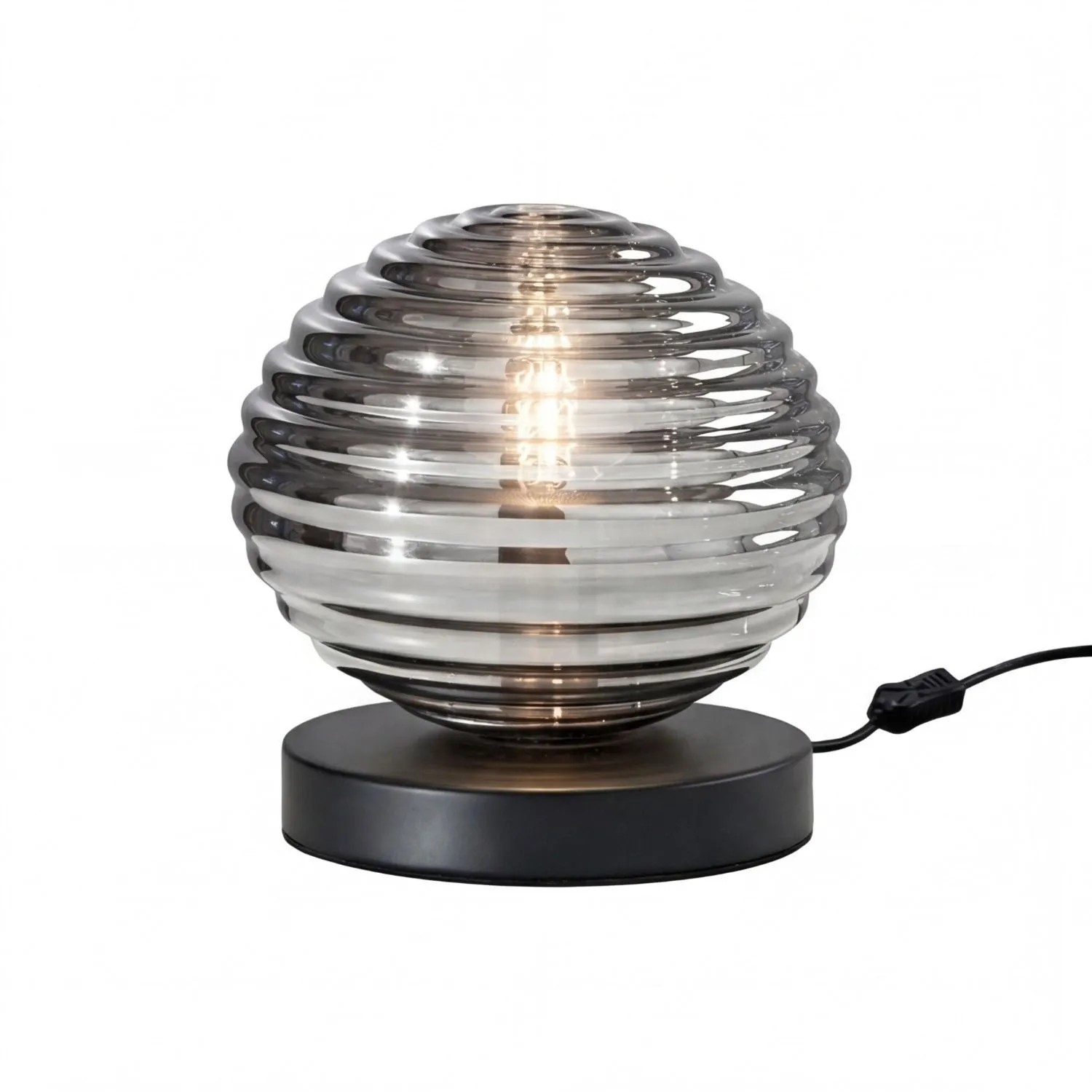 Licht-Erlebnisse Nachttischleuchte Metall Glas Rund DM 18 CM Schwarz Rauchgrau E27 Modern