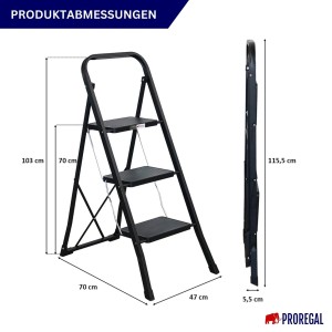 PROREGAL Klapptrittleiter mit 3 Stufen, Stahl, mattschwarz, zusammengeklappt und offen mit Maßangaben.
