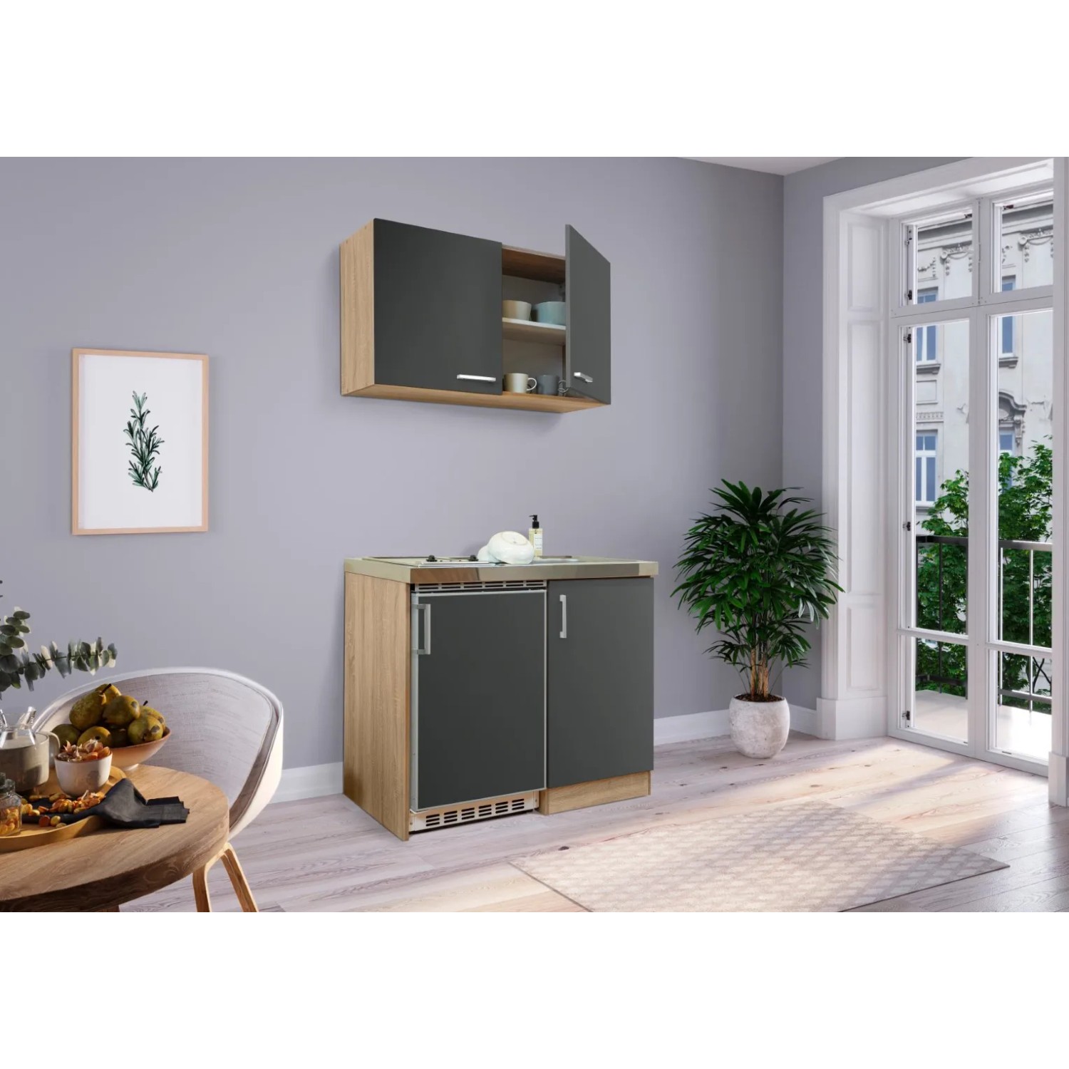 Respekta Miniküche MK100ESGOSC in Grau-Eiche Sägerau Nachbildung mit Kühlschrank und Glaskeramikkochfeld.