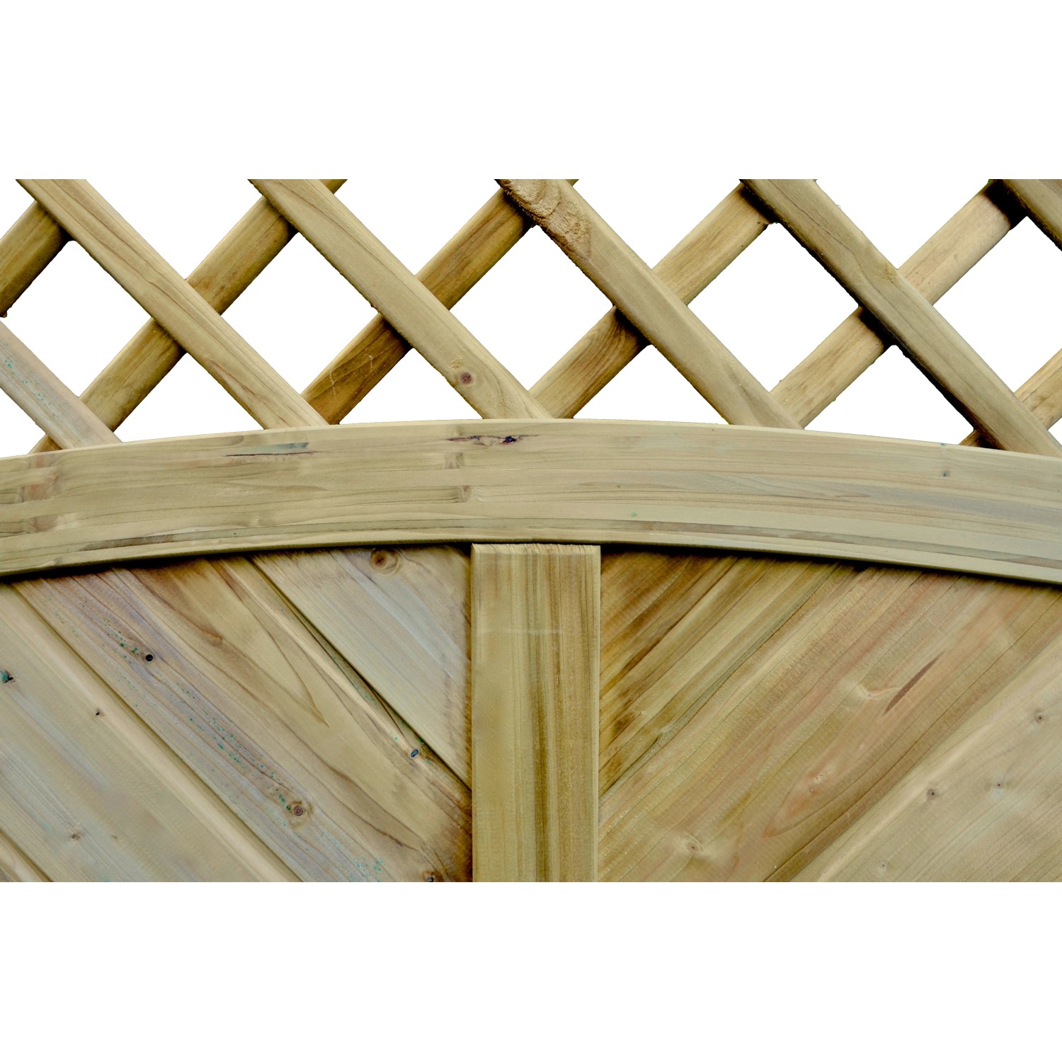 Detailansicht: T & J Sichtschutzzaun Classic-Serie mit Doppelbogen und Rankgitter aus kesseldruckimprägniertem Holz.