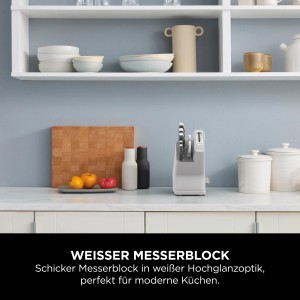 Ninja Messerblock K62006EUWH StaySharp Weiß mit 5 Messern und Schere im weißen Messerblock.
